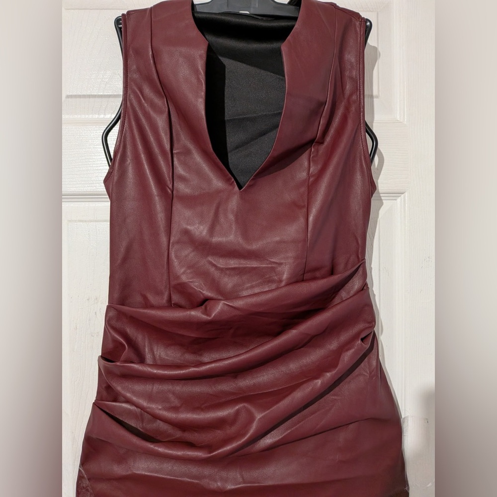 Micas Faux Leather V-neck Ruched Maxi Dress - Picture 9 of 14